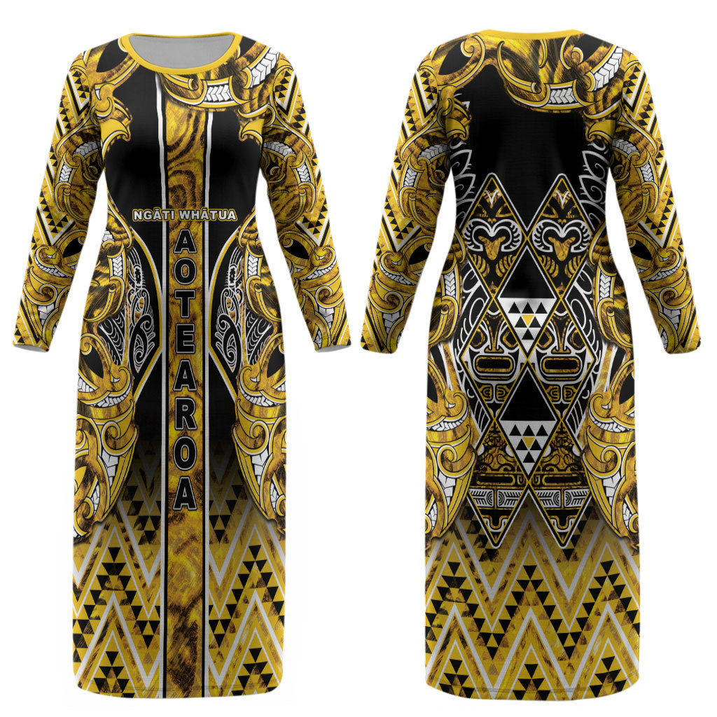 Aotearoa Ngati Whatua Couples Matching Long Sleeve Bodycon Dress and Hawaiian Shirt Maori Tribal Gold Paua Shell Pattern DT05 - Polynesian Pride