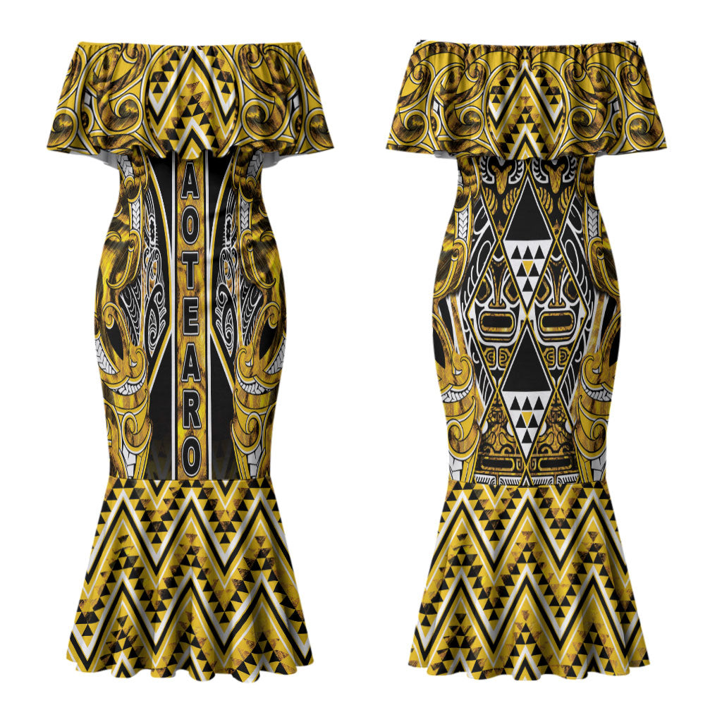 Aotearoa Ngati Whatua Couples Matching Mermaid Dress and Hawaiian Shirt Maori Tribal Gold Paua Shell Pattern DT05 - Polynesian Pride