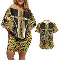 Aotearoa Ngati Whatua Couples Matching Off Shoulder Short Dress and Hawaiian Shirt Maori Tribal Gold Paua Shell Pattern DT05 Yellow - Polynesian Pride