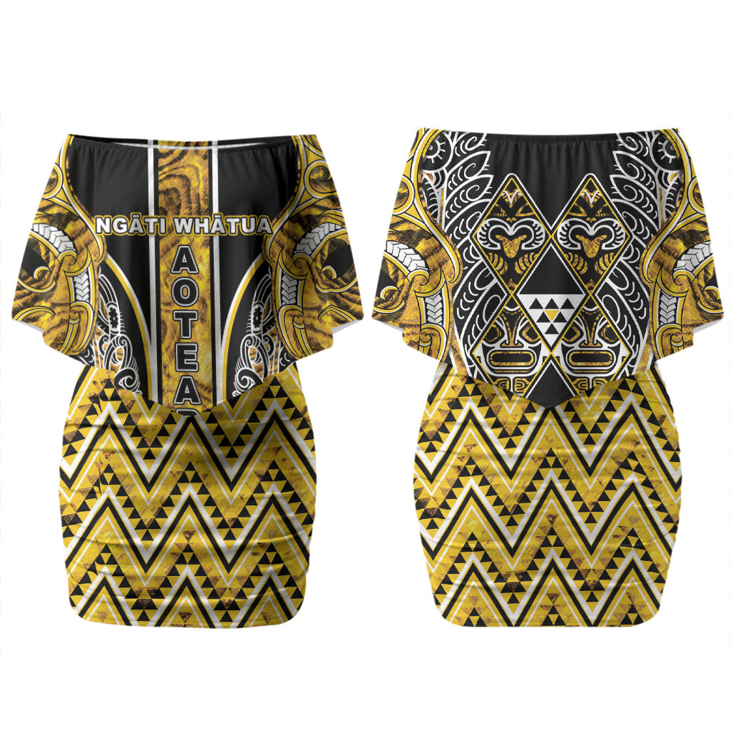 Aotearoa Ngati Whatua Couples Matching Off Shoulder Short Dress and Hawaiian Shirt Maori Tribal Gold Paua Shell Pattern DT05 - Polynesian Pride