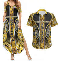 Aotearoa Ngati Whatua Couples Matching Summer Maxi Dress and Hawaiian Shirt Maori Tribal Gold Paua Shell Pattern DT05 Yellow - Polynesian Pride