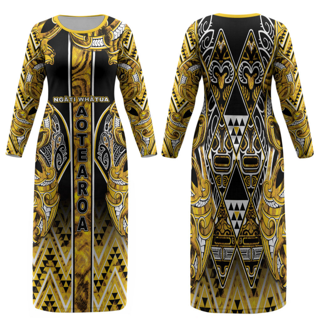 Aotearoa Ngati Whatua Family Matching Long Sleeve Bodycon Dress and Hawaiian Shirt Maori Tribal Gold Paua Shell Pattern DT05 Mom's Dress Yellow - Polynesian Pride