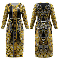 Aotearoa Ngati Whatua Family Matching Long Sleeve Bodycon Dress and Hawaiian Shirt Maori Tribal Gold Paua Shell Pattern DT05 Mom's Dress Yellow - Polynesian Pride