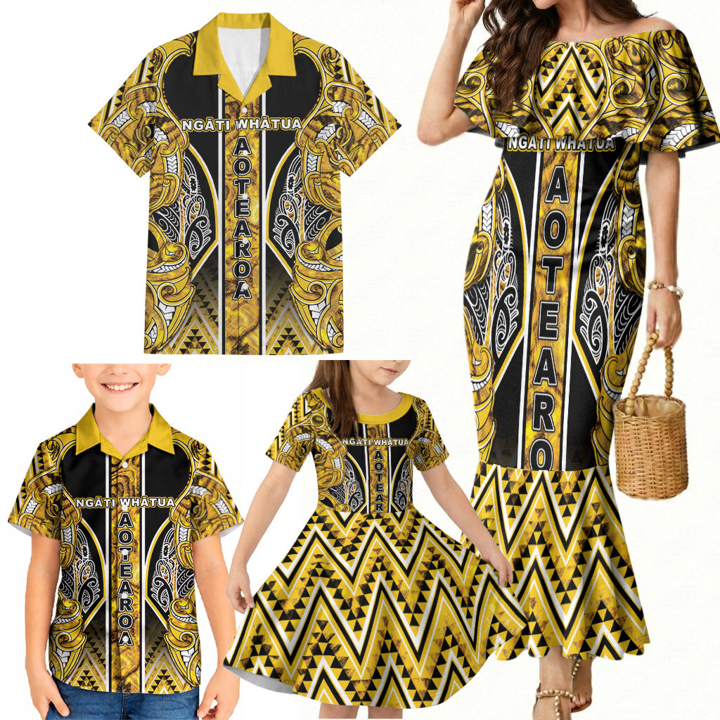 Aotearoa Ngati Whatua Family Matching Mermaid Dress and Hawaiian Shirt Maori Tribal Gold Paua Shell Pattern DT05 - Polynesian Pride