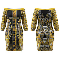 Aotearoa Ngati Whatua Family Matching Off The Shoulder Long Sleeve Dress and Hawaiian Shirt Maori Tribal Gold Paua Shell Pattern DT05 Mom's Dress Yellow - Polynesian Pride