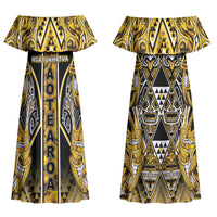 Aotearoa Ngati Whatua Family Matching Off Shoulder Maxi Dress and Hawaiian Shirt Maori Tribal Gold Paua Shell Pattern DT05 Mom's Dress Yellow - Polynesian Pride