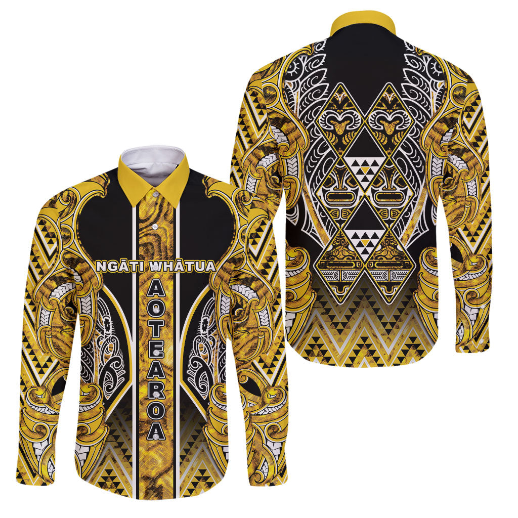Aotearoa Ngati Whatua Family Matching Off Shoulder Maxi Dress and Hawaiian Shirt Maori Tribal Gold Paua Shell Pattern DT05 Dad's Shirt - Long Sleeve Yellow - Polynesian Pride