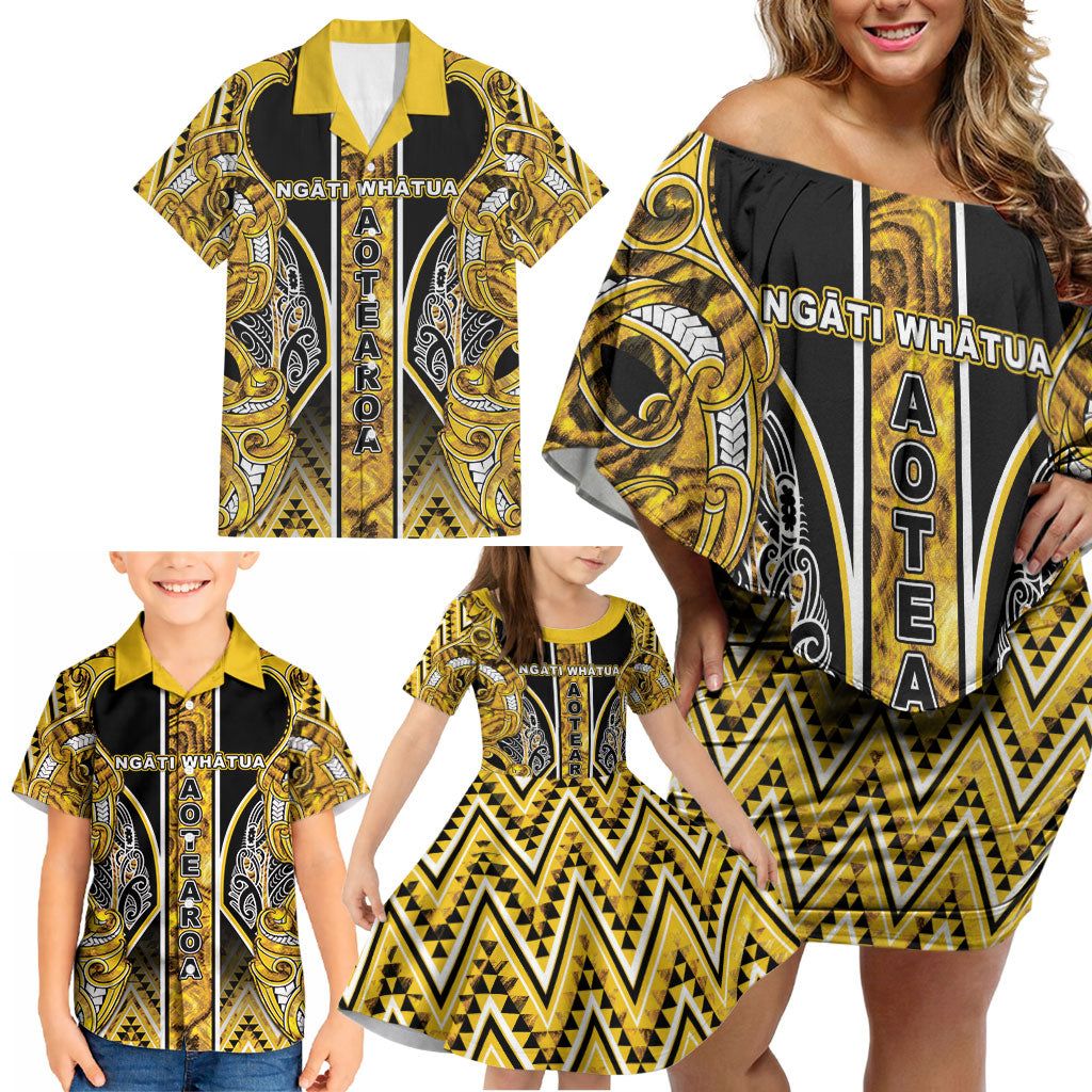 Aotearoa Ngati Whatua Family Matching Off Shoulder Short Dress and Hawaiian Shirt Maori Tribal Gold Paua Shell Pattern DT05 - Polynesian Pride