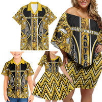 Aotearoa Ngati Whatua Family Matching Off Shoulder Short Dress and Hawaiian Shirt Maori Tribal Gold Paua Shell Pattern DT05 - Polynesian Pride