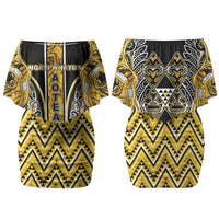 Aotearoa Ngati Whatua Family Matching Off Shoulder Short Dress and Hawaiian Shirt Maori Tribal Gold Paua Shell Pattern DT05 Mom's Dress Yellow - Polynesian Pride