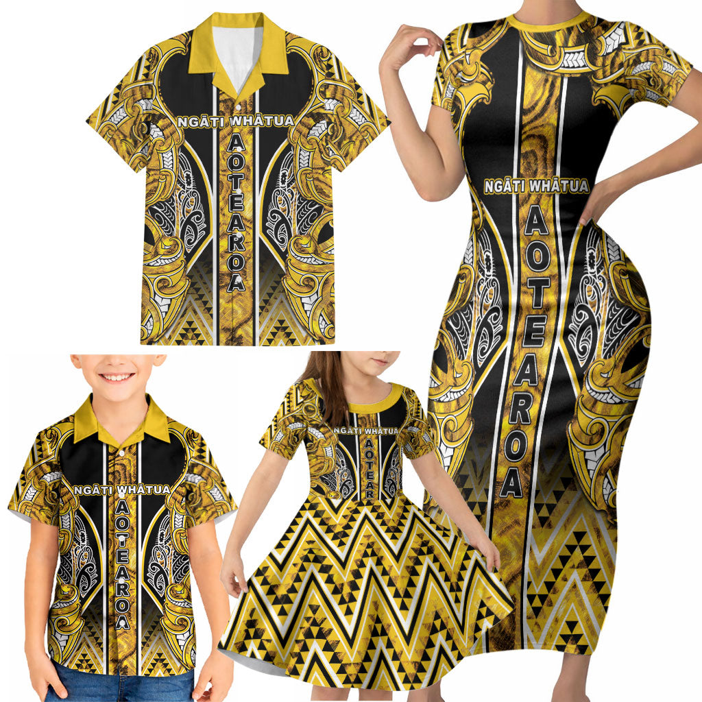 Aotearoa Ngati Whatua Family Matching Short Sleeve Bodycon Dress and Hawaiian Shirt Maori Tribal Gold Paua Shell Pattern DT05 - Polynesian Pride