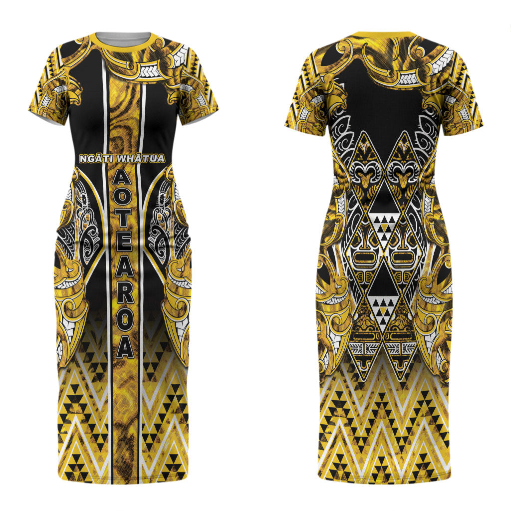 Aotearoa Ngati Whatua Family Matching Short Sleeve Bodycon Dress and Hawaiian Shirt Maori Tribal Gold Paua Shell Pattern DT05 Mom's Dress Yellow - Polynesian Pride