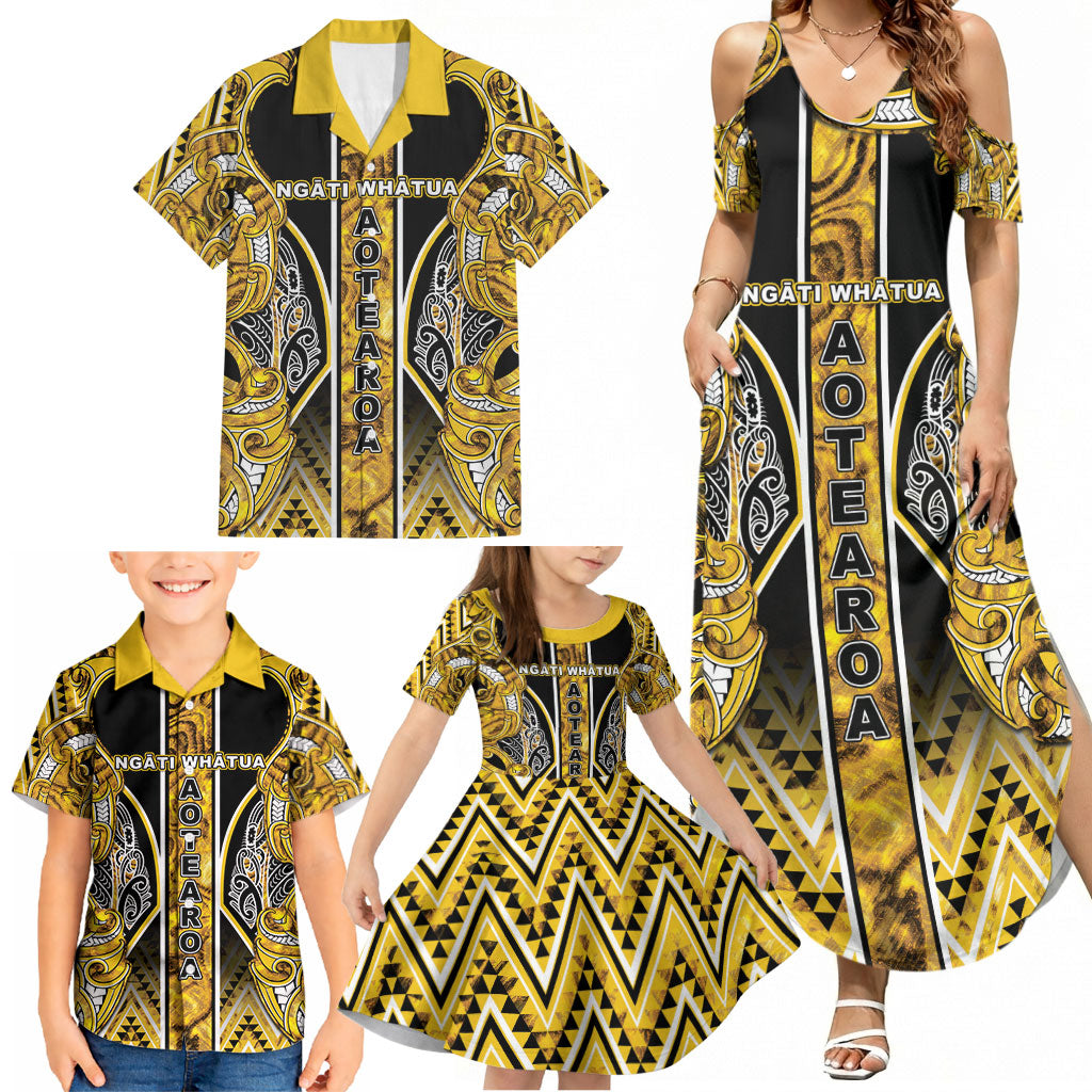 Aotearoa Ngati Whatua Family Matching Summer Maxi Dress and Hawaiian Shirt Maori Tribal Gold Paua Shell Pattern DT05 - Polynesian Pride