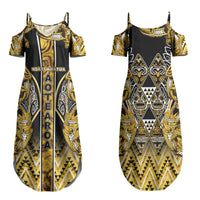 Aotearoa Ngati Whatua Family Matching Summer Maxi Dress and Hawaiian Shirt Maori Tribal Gold Paua Shell Pattern DT05 Mom's Dress Yellow - Polynesian Pride