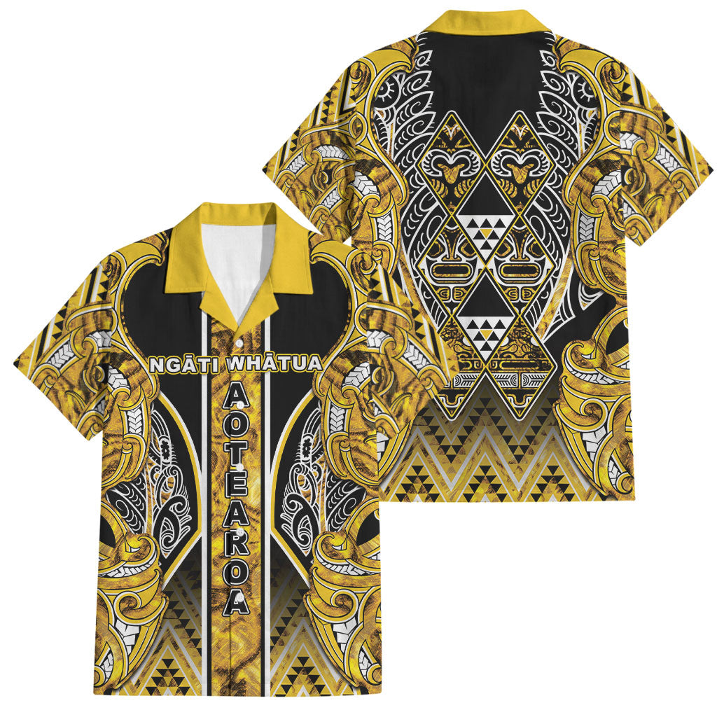 Aotearoa Ngati Whatua Family Matching Summer Maxi Dress and Hawaiian Shirt Maori Tribal Gold Paua Shell Pattern DT05 Dad's Shirt - Short Sleeve Yellow - Polynesian Pride