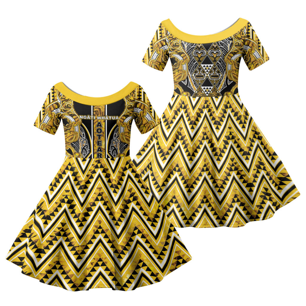 Aotearoa Ngati Whatua Family Matching Summer Maxi Dress and Hawaiian Shirt Maori Tribal Gold Paua Shell Pattern DT05 Daughter's Dress Yellow - Polynesian Pride