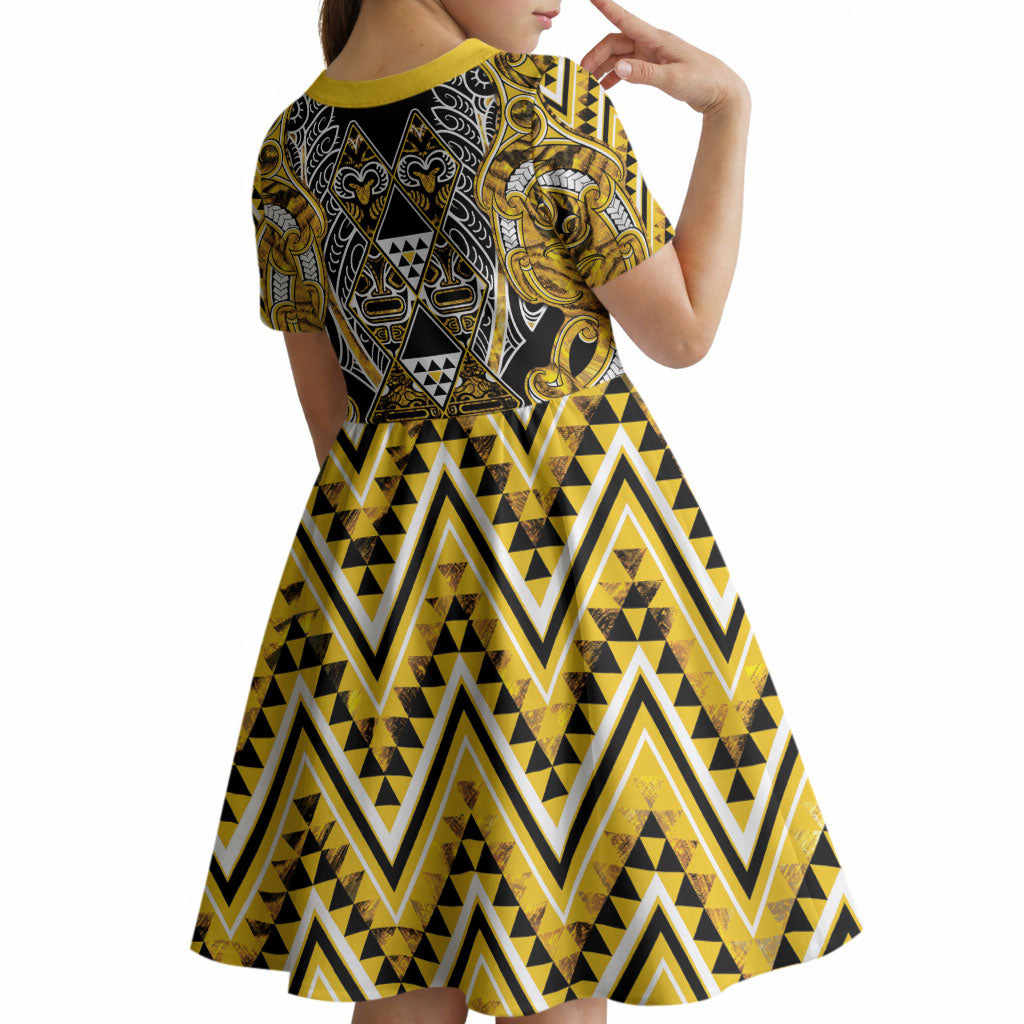 Aotearoa Ngati Whatua Kid Short Sleeve Dress Maori Tribal Gold Paua Shell Pattern DT05 - Polynesian Pride