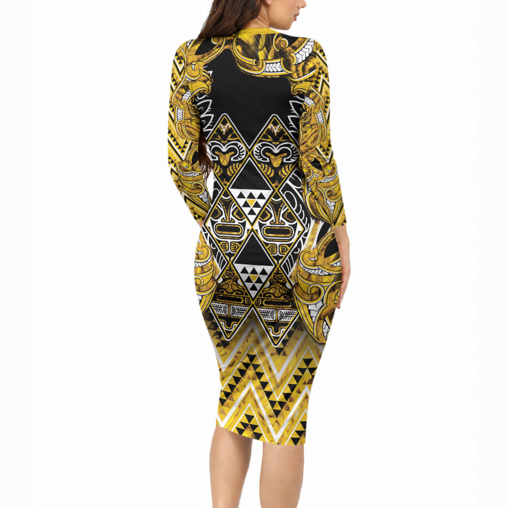 Aotearoa Ngati Whatua Long Sleeve Bodycon Dress Maori Tribal Gold Paua Shell Pattern DT05 - Polynesian Pride