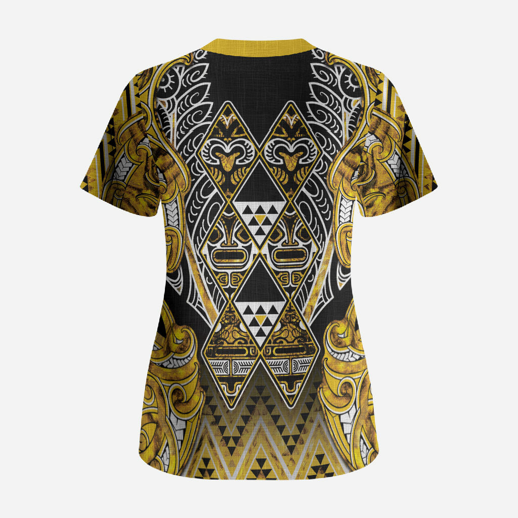 Aotearoa Ngati Whatua Scrub Top Maori Tribal Gold Paua Shell Pattern DT05 - Polynesian Pride