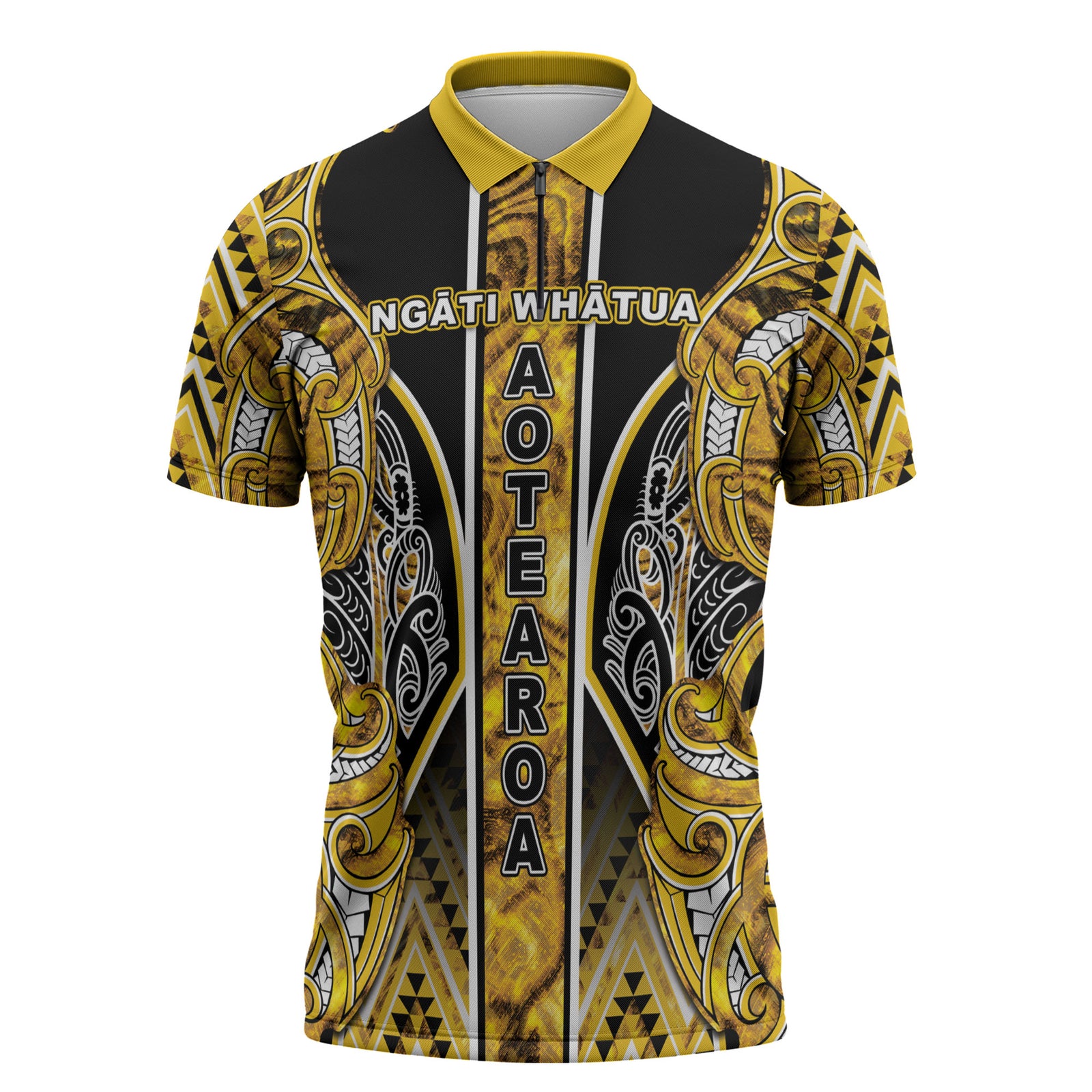 Aotearoa Ngati Whatua Zipper Polo Shirt Maori Tribal Gold Paua Shell Pattern