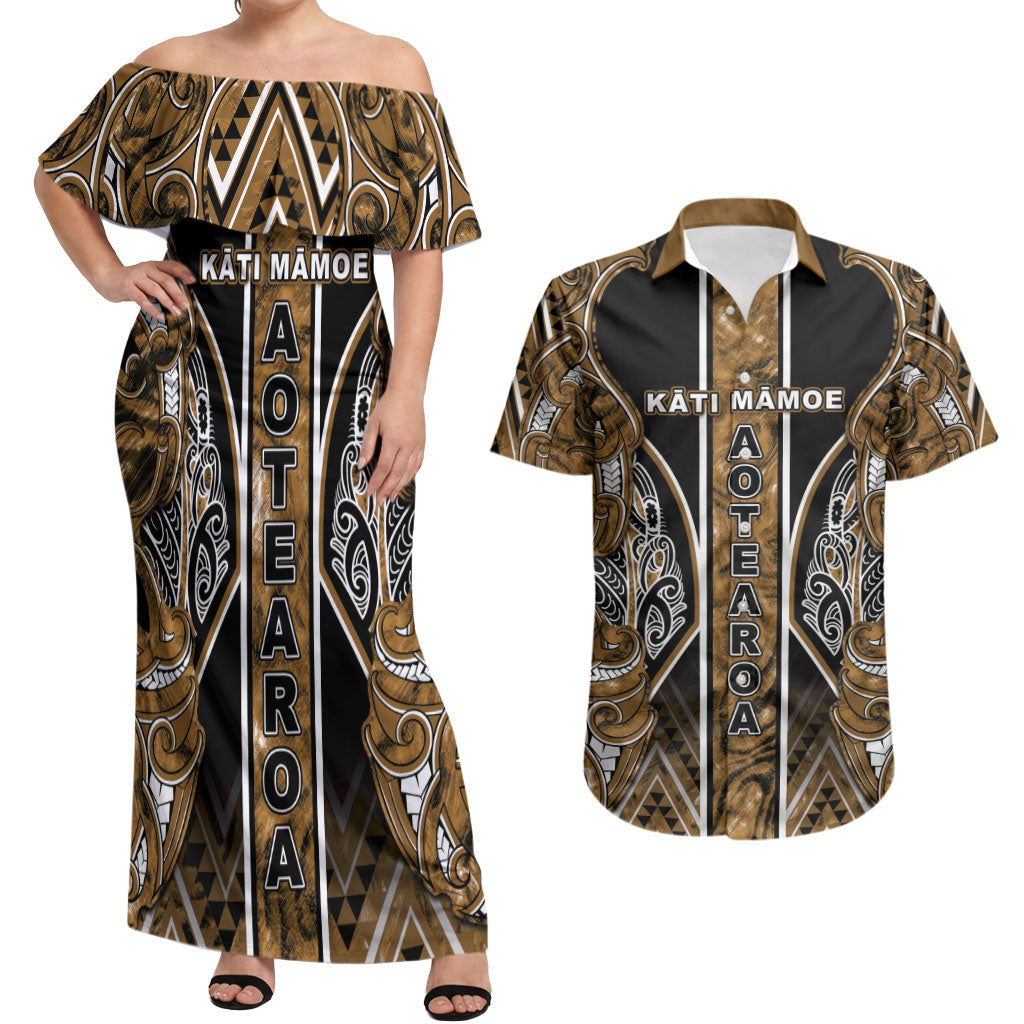 Aotearoa Kati Mamoe Couples Matching Off Shoulder Maxi Dress and Hawaiian Shirt Maori Brown Tribal Paua Shell Pattern DT05 Brown - Polynesian Pride