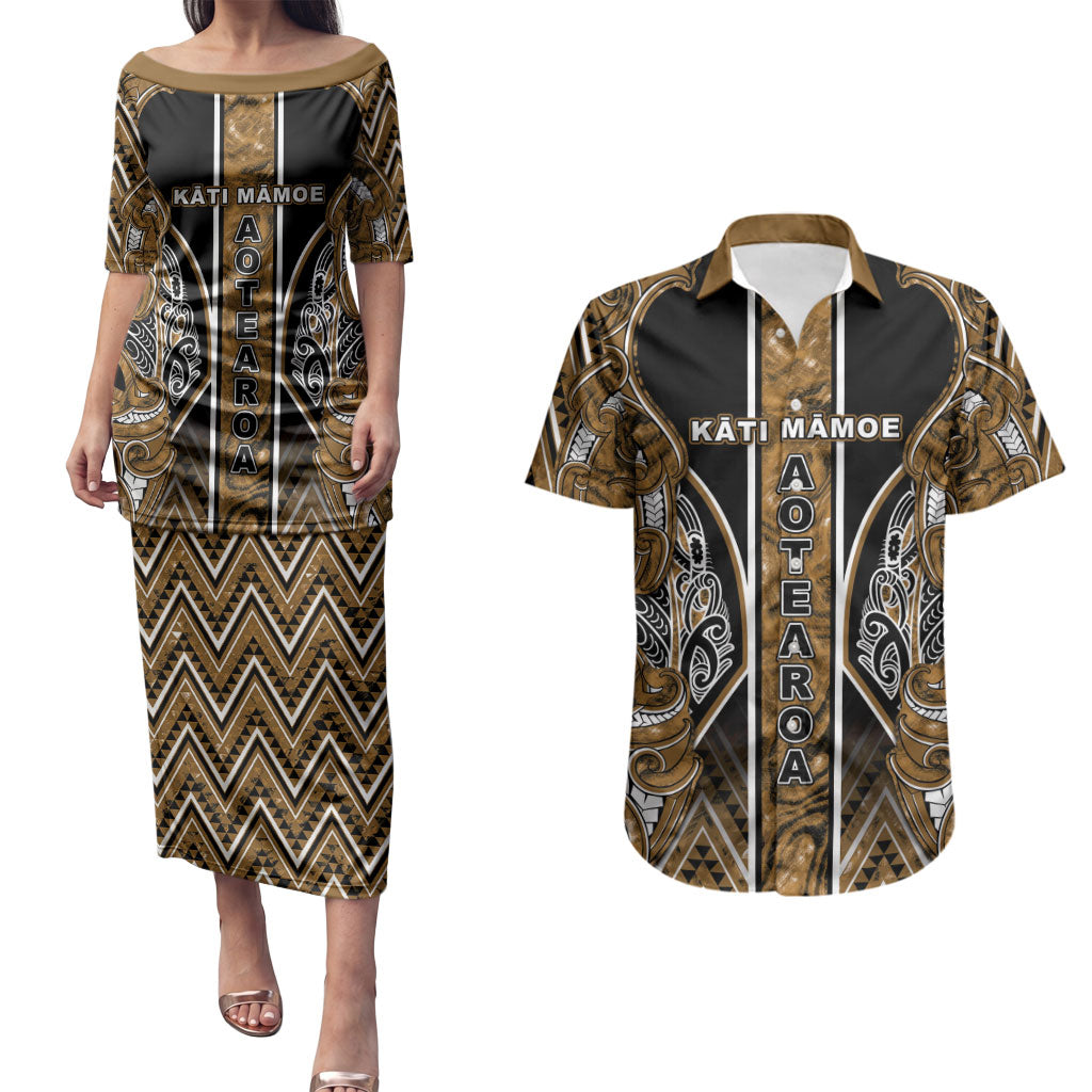 Aotearoa Kati Mamoe Couples Matching Puletasi and Hawaiian Shirt Maori Brown Tribal Paua Shell Pattern DT05 Brown - Polynesian Pride
