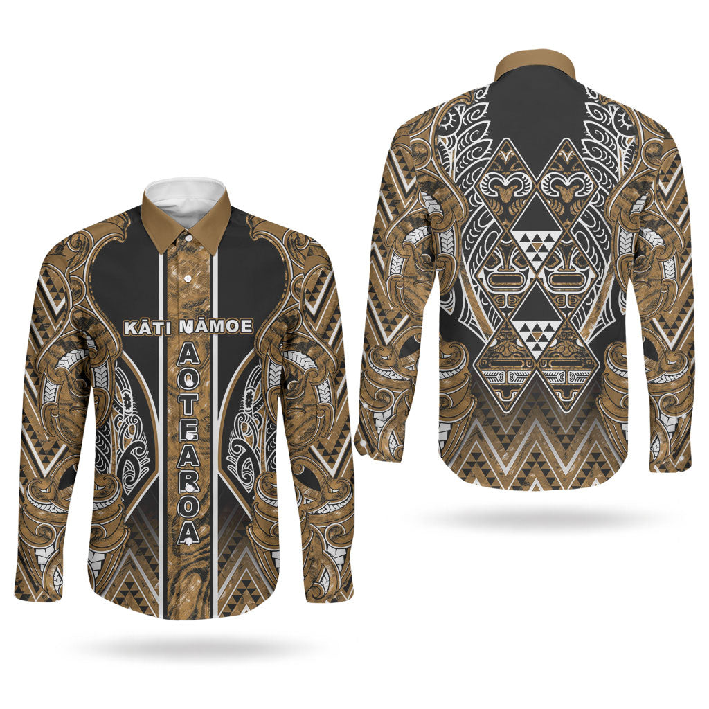 Aotearoa Kati Mamoe Couples Matching Puletasi and Long Sleeve Button Shirt Maori Brown Tribal Paua Shell Pattern DT05 - Polynesian Pride
