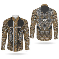 Aotearoa Kati Mamoe Couples Matching Puletasi and Long Sleeve Button Shirt Maori Brown Tribal Paua Shell Pattern DT05 - Polynesian Pride