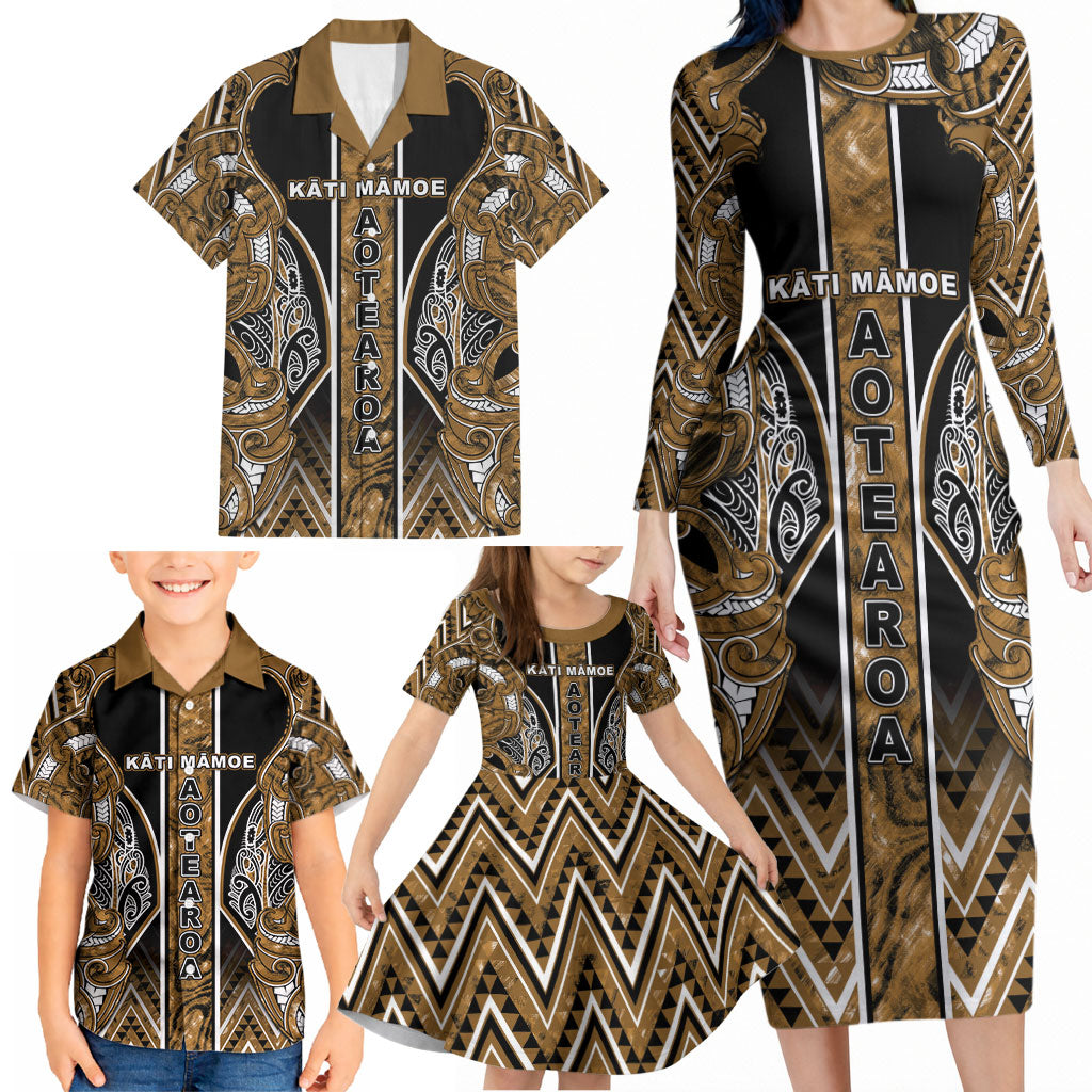 Aotearoa Kati Mamoe Family Matching Long Sleeve Bodycon Dress and Hawaiian Shirt Maori Brown Tribal Paua Shell Pattern DT05 - Polynesian Pride