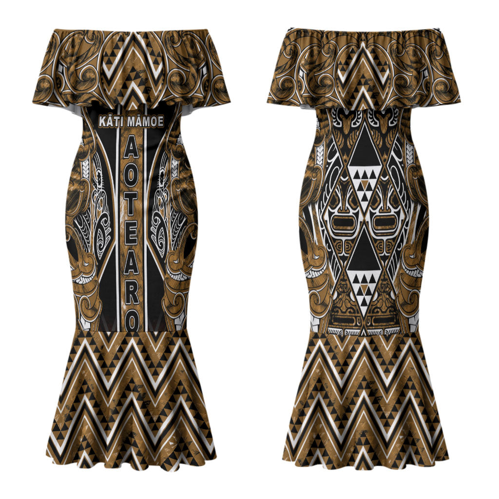 Aotearoa Kati Mamoe Family Matching Mermaid Dress and Hawaiian Shirt Maori Brown Tribal Paua Shell Pattern DT05 Mom's Dress Brown - Polynesian Pride