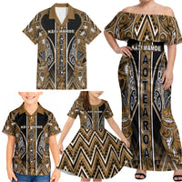Aotearoa Kati Mamoe Family Matching Off Shoulder Maxi Dress and Hawaiian Shirt Maori Brown Tribal Paua Shell Pattern DT05 - Polynesian Pride