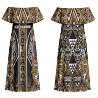 Aotearoa Kati Mamoe Family Matching Off Shoulder Maxi Dress and Hawaiian Shirt Maori Brown Tribal Paua Shell Pattern DT05 Mom's Dress Brown - Polynesian Pride