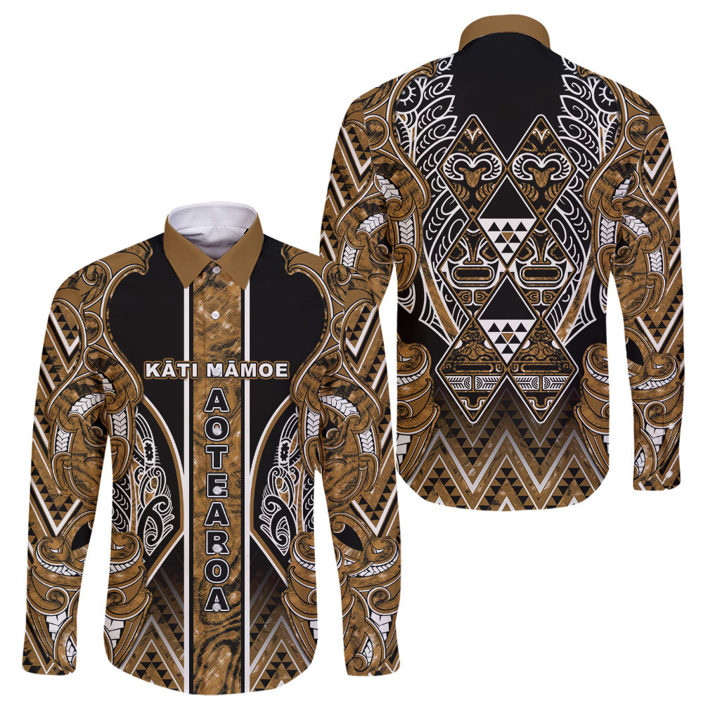 Aotearoa Kati Mamoe Family Matching Off Shoulder Maxi Dress and Hawaiian Shirt Maori Brown Tribal Paua Shell Pattern DT05 Dad's Shirt - Long Sleeve Brown - Polynesian Pride