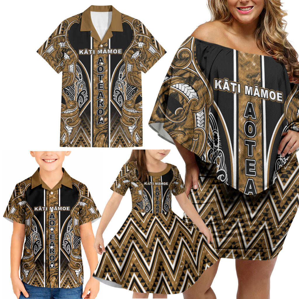 Aotearoa Kati Mamoe Family Matching Off Shoulder Short Dress and Hawaiian Shirt Maori Brown Tribal Paua Shell Pattern DT05 - Polynesian Pride