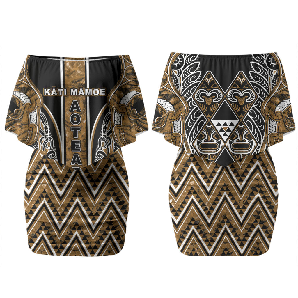 Aotearoa Kati Mamoe Family Matching Off Shoulder Short Dress and Hawaiian Shirt Maori Brown Tribal Paua Shell Pattern DT05 Mom's Dress Brown - Polynesian Pride
