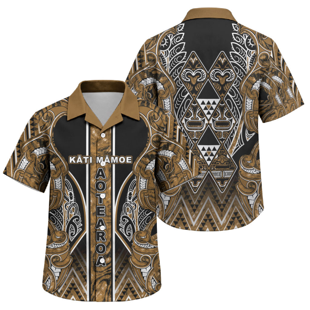 Aotearoa Kati Mamoe Family Matching Off Shoulder Short Dress and Hawaiian Shirt Maori Brown Tribal Paua Shell Pattern DT05 Son's Shirt Brown - Polynesian Pride