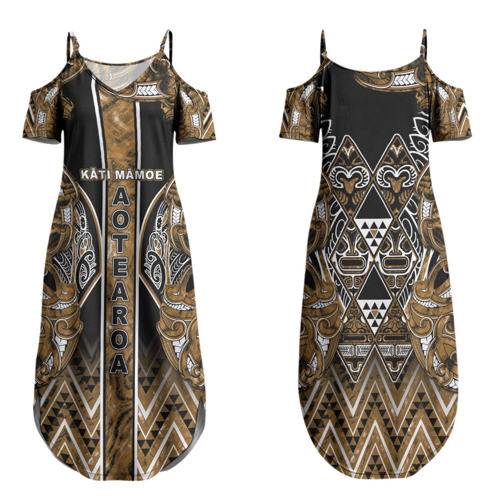 Aotearoa Kati Mamoe Family Matching Summer Maxi Dress and Hawaiian Shirt Maori Brown Tribal Paua Shell Pattern DT05 Mom's Dress Brown - Polynesian Pride