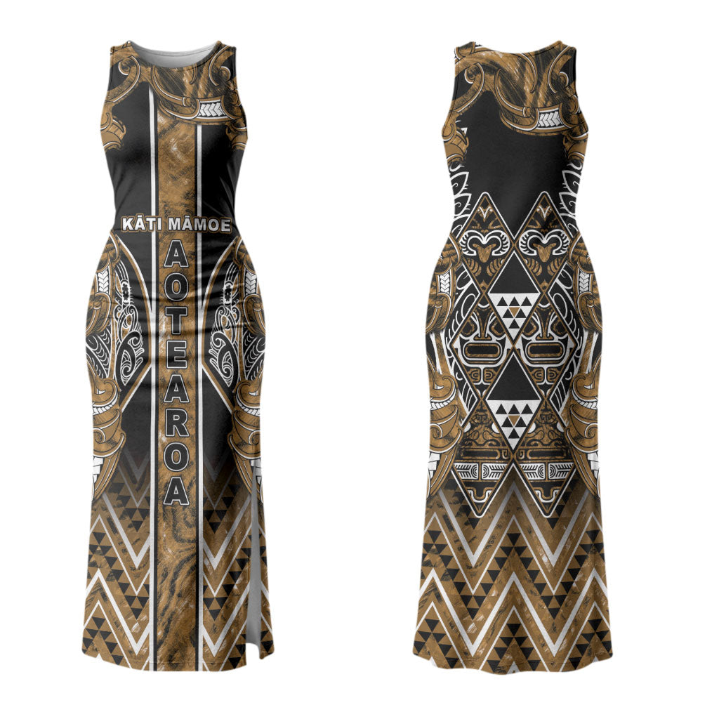 Aotearoa Kati Mamoe Family Matching Tank Maxi Dress and Hawaiian Shirt Maori Brown Tribal Paua Shell Pattern DT05 Mom's Dress Brown - Polynesian Pride