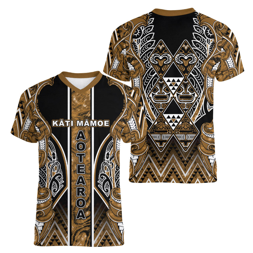 Aotearoa Kati Mamoe Women V-Neck T-Shirt Maori Brown Tribal Paua Shell Pattern DT05 - Polynesian Pride