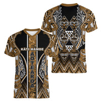 Aotearoa Kati Mamoe Women V-Neck T-Shirt Maori Brown Tribal Paua Shell Pattern DT05 - Polynesian Pride