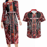 Aotearoa Ngapuhi Couples Matching Long Sleeve Bodycon Dress and Hawaiian Shirt Maori Red Tribal Paua Shell Pattern DT05 Red - Polynesian Pride