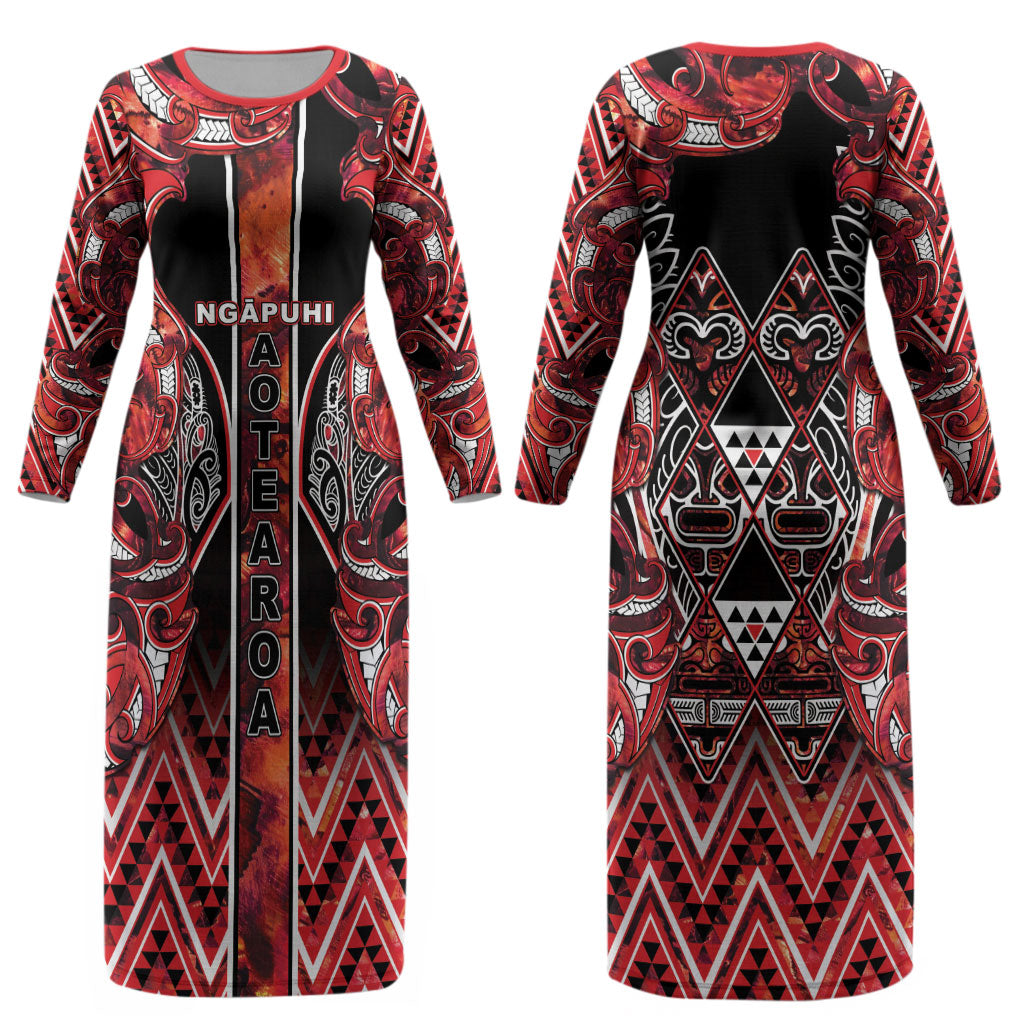 Aotearoa Ngapuhi Couples Matching Long Sleeve Bodycon Dress and Hawaiian Shirt Maori Red Tribal Paua Shell Pattern DT05 - Polynesian Pride