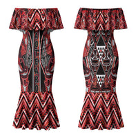 Aotearoa Ngapuhi Couples Matching Mermaid Dress and Long Sleeve Button Shirt Maori Red Tribal Paua Shell Pattern DT05 - Polynesian Pride