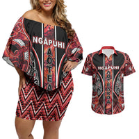 Aotearoa Ngapuhi Couples Matching Off Shoulder Short Dress and Hawaiian Shirt Maori Red Tribal Paua Shell Pattern DT05 Red - Polynesian Pride