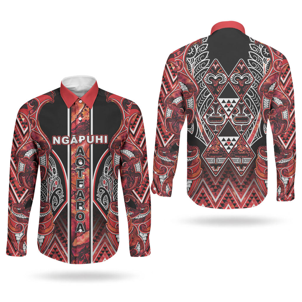 Aotearoa Ngapuhi Couples Matching Puletasi and Long Sleeve Button Shirt Maori Red Tribal Paua Shell Pattern DT05 - Polynesian Pride