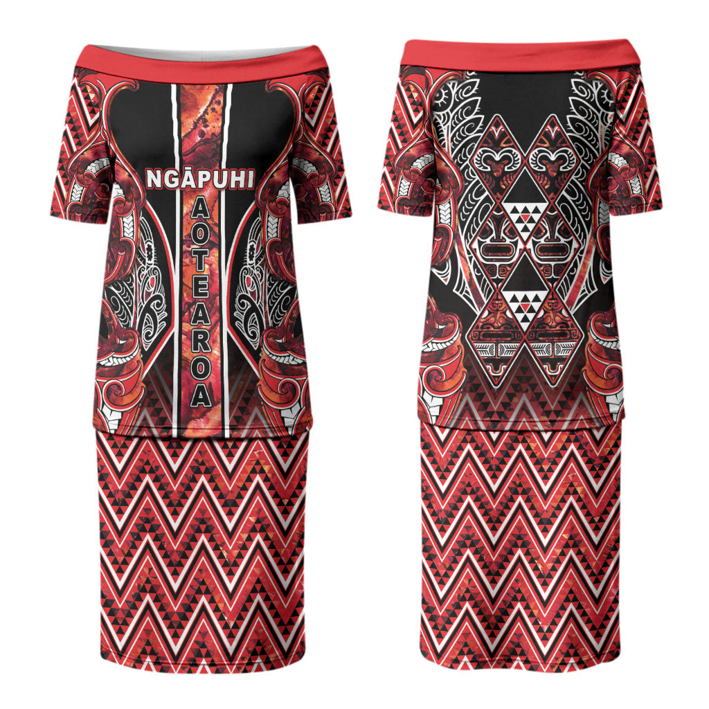 Aotearoa Ngapuhi Couples Matching Puletasi and Long Sleeve Button Shirt Maori Red Tribal Paua Shell Pattern DT05 - Polynesian Pride