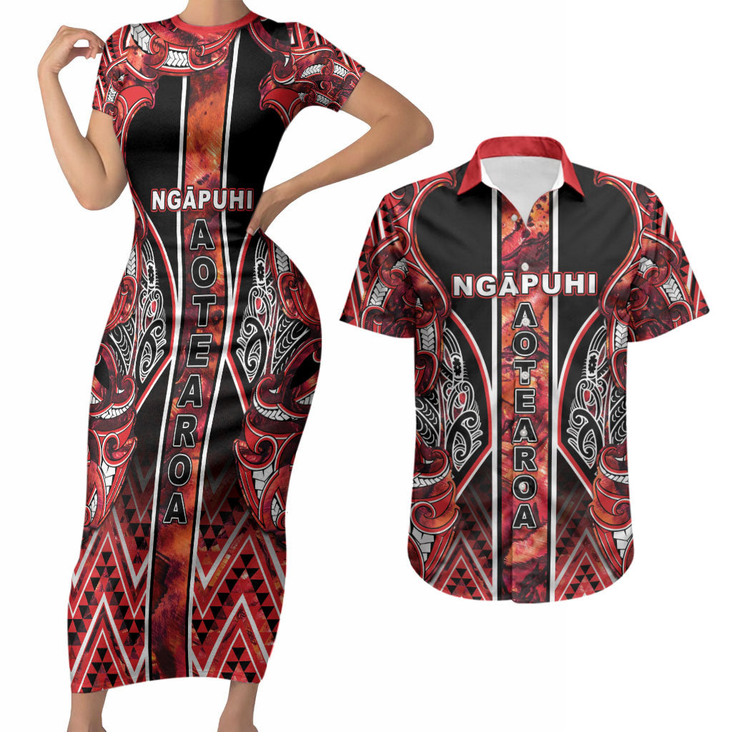 Aotearoa Ngapuhi Couples Matching Short Sleeve Bodycon Dress and Hawaiian Shirt Maori Red Tribal Paua Shell Pattern DT05 Red - Polynesian Pride