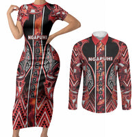 Aotearoa Ngapuhi Couples Matching Short Sleeve Bodycon Dress and Long Sleeve Button Shirt Maori Red Tribal Paua Shell Pattern DT05 Red - Polynesian Pride