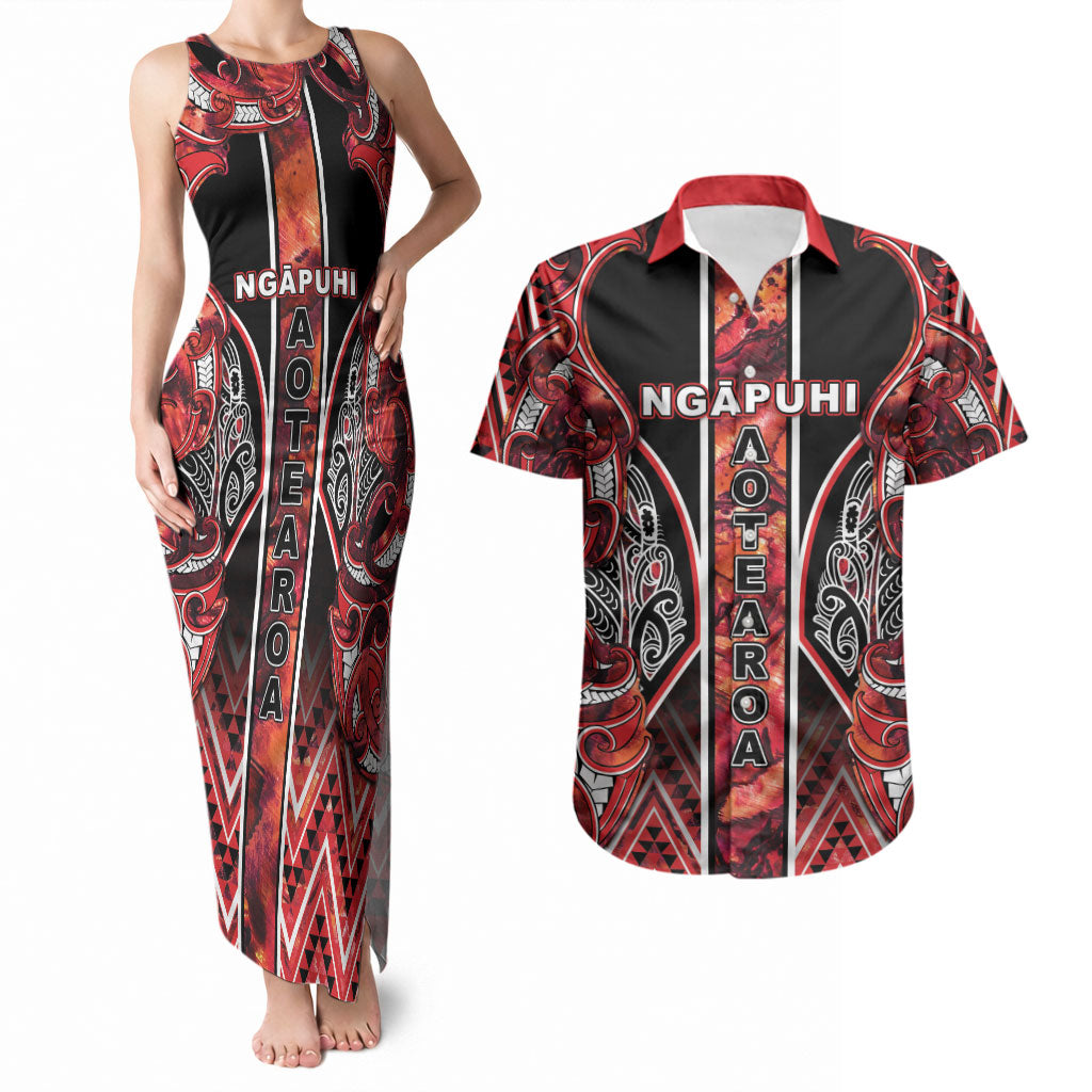 Aotearoa Ngapuhi Couples Matching Tank Maxi Dress and Hawaiian Shirt Maori Red Tribal Paua Shell Pattern DT05 Red - Polynesian Pride