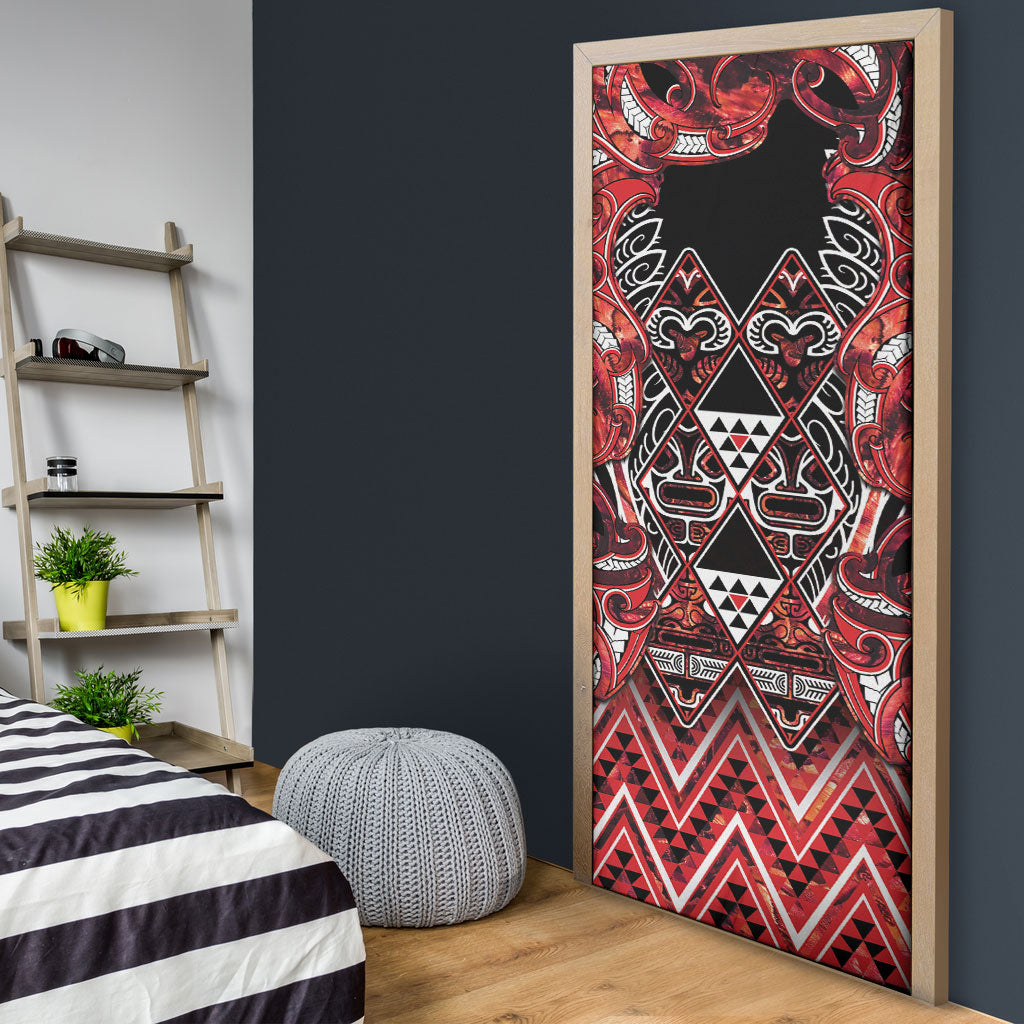 Aotearoa Ngapuhi Door Cover Maori Red Tribal Paua Shell Pattern DT05 - Polynesian Pride